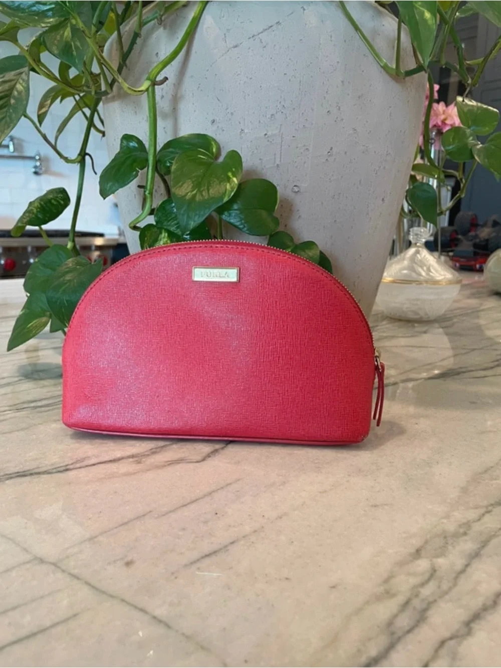 Furla Red Saffiano Leather Dome Cosmetic - Gold Hardware - Picture 2 of 11